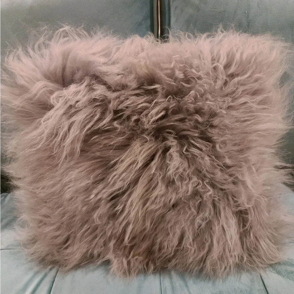 West Elm Mongolian Lamb Fur Throw Pillow Cover Pearl Gray 12 X 16